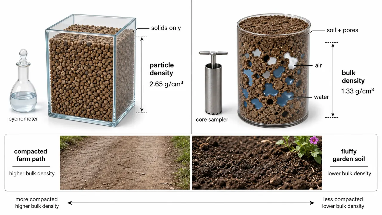 Comparison of particle density and bulk density showing solids-only measurement, soil plus pore space, pycnometer, core sampler, and the effect of compaction on bulk density