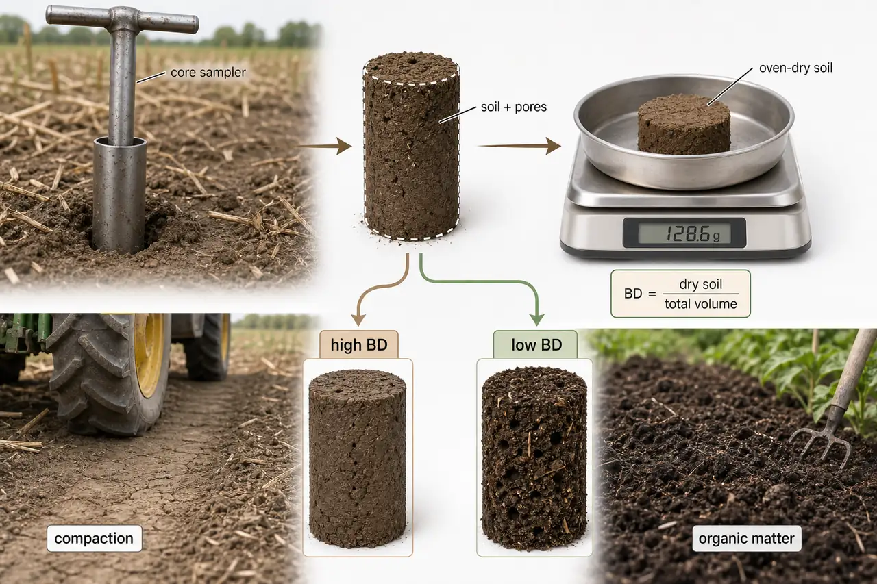 Bulk density field illustration showing a core sampler, oven-dry soil, total soil volume with pore space, and the effect of compaction versus organic matter
