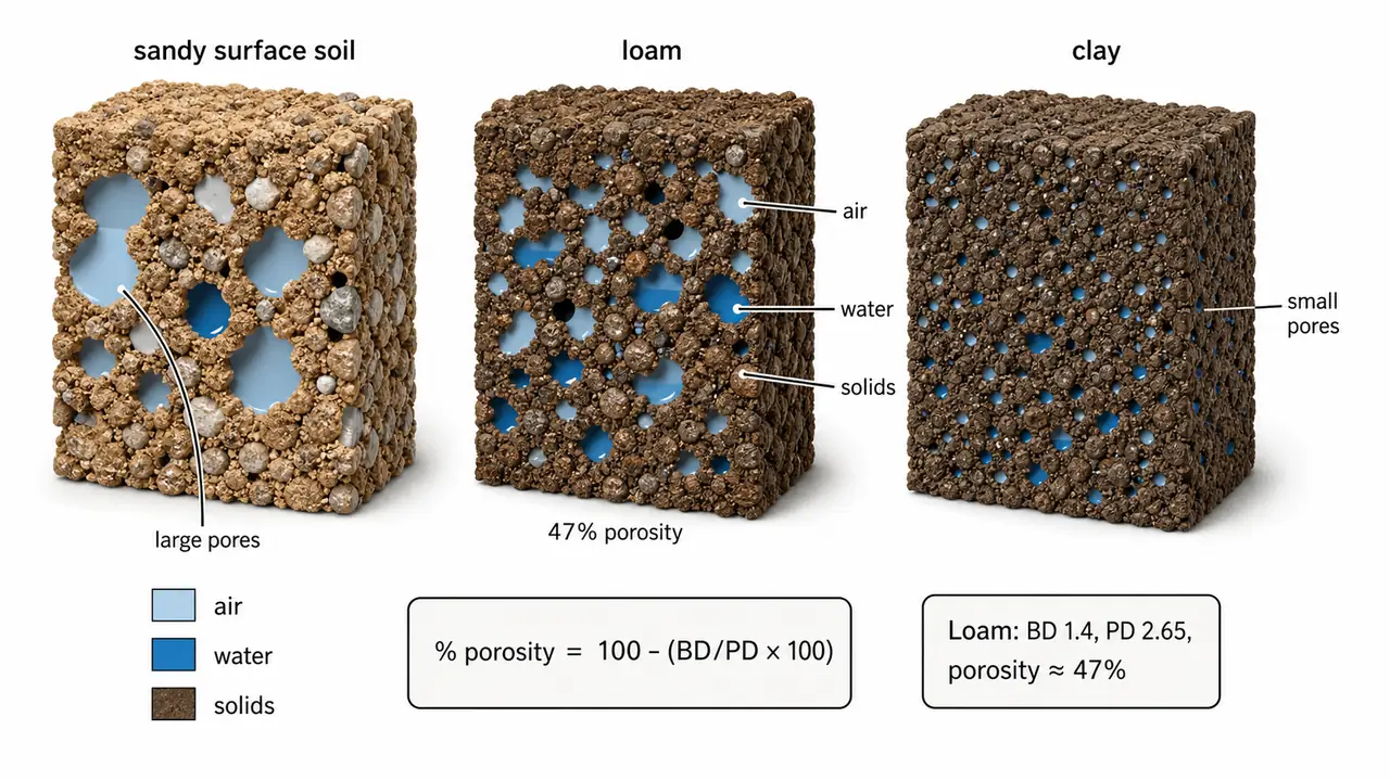 Soil porosity illustration comparing sandy surface soil, loam, and clay with solids, pore space, and a loam porosity example of about 47 percent
