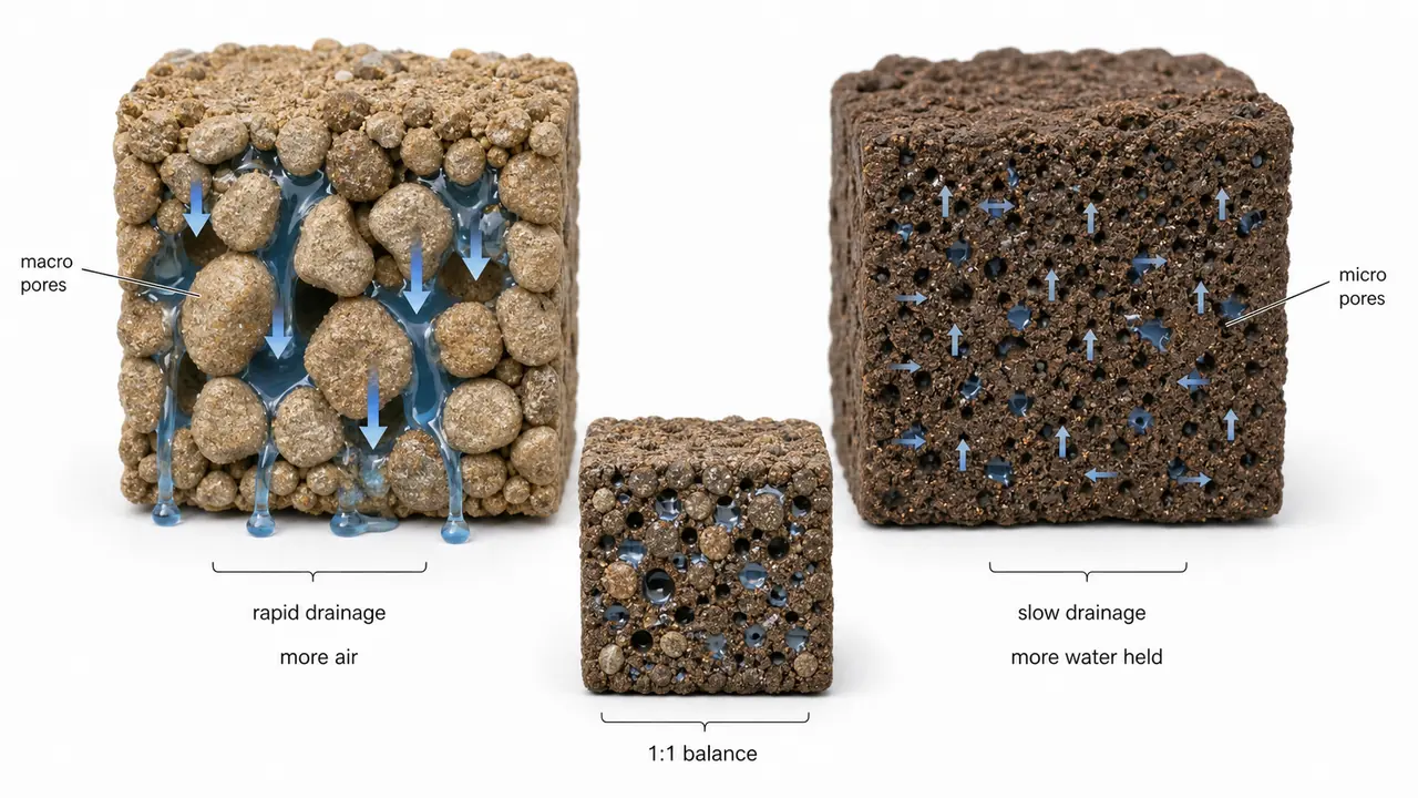 Macro pores versus micro pores in sandy soil, clay soil, and loam showing rapid drainage, water holding, and the ideal one-to-one balance