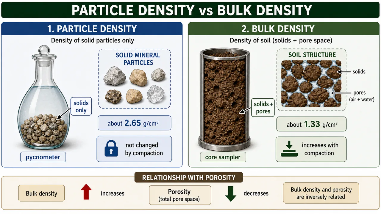 Comparison of particle density and bulk density showing solids-only measurement versus soil plus pore space, with links to compaction and porosity