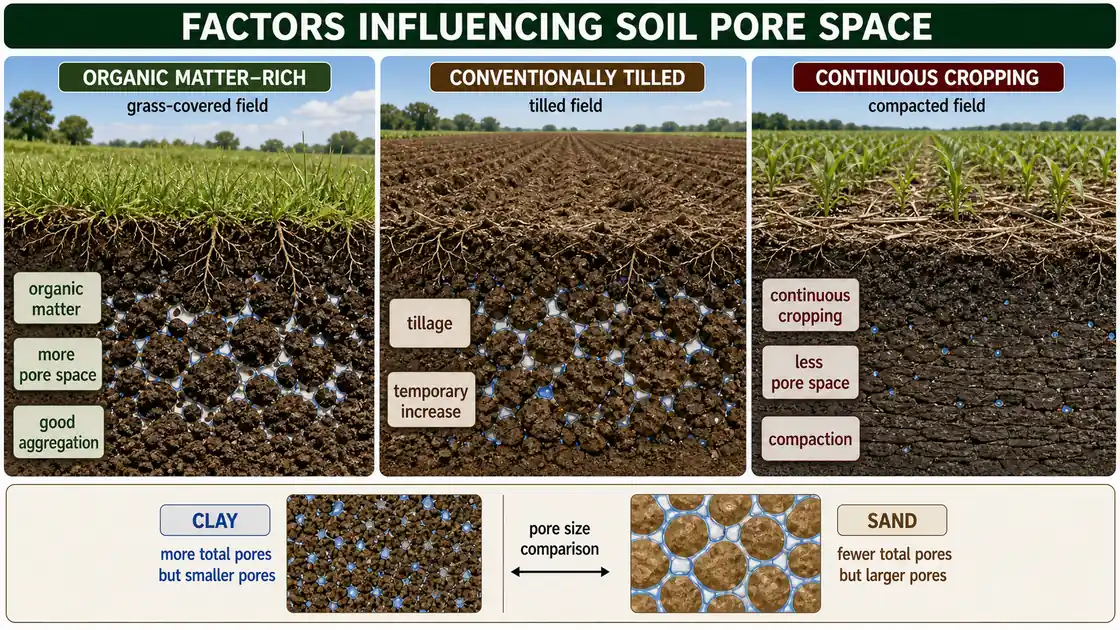 Factors influencing soil pore space showing organic matter rich grass field with more pore space, tilled soil with temporary increase, and continuously cropped compacted soil with less pore space