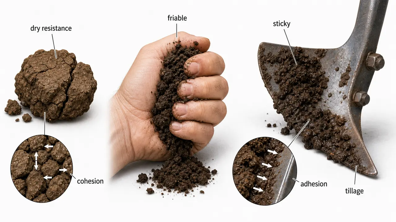 Soil consistence illustration showing dry resistance, friable moist soil, sticky wet soil, and the difference between cohesion and adhesion during tillage