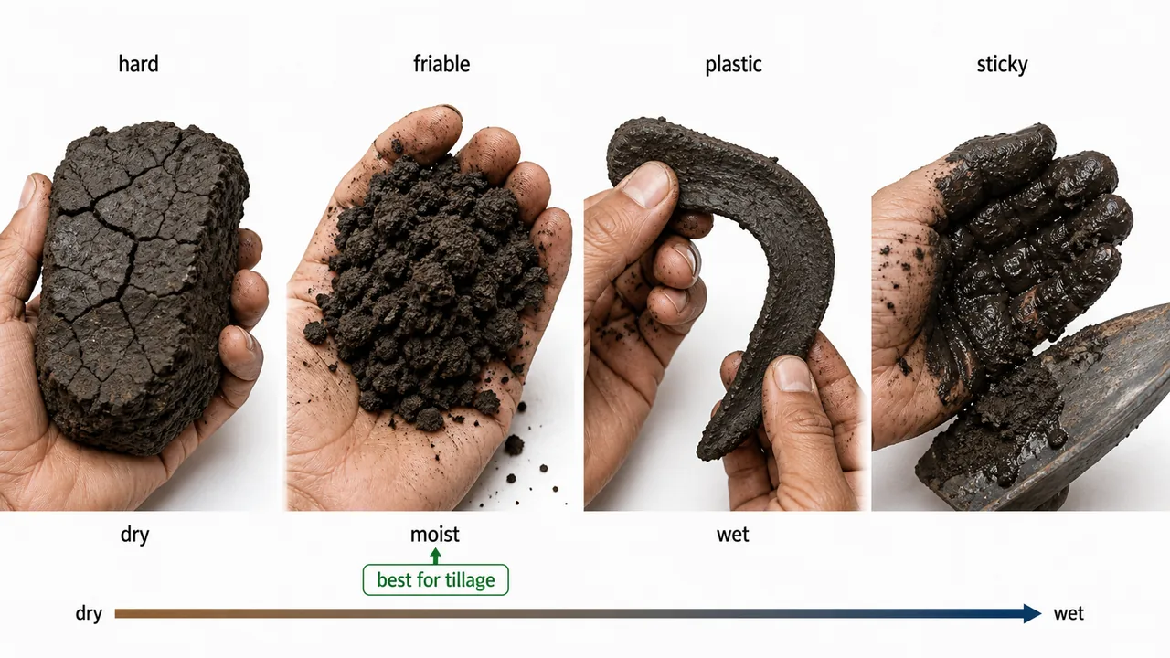 Four types of soil consistence showing hard dry soil, friable moist soil, plastic wet soil, and sticky wet soil across increasing moisture