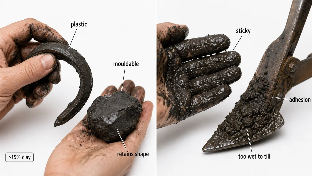 Plastic and sticky soil consistence showing mouldable wet clay, sticky adhesion to fingers and tools, and the clay threshold for plasticity