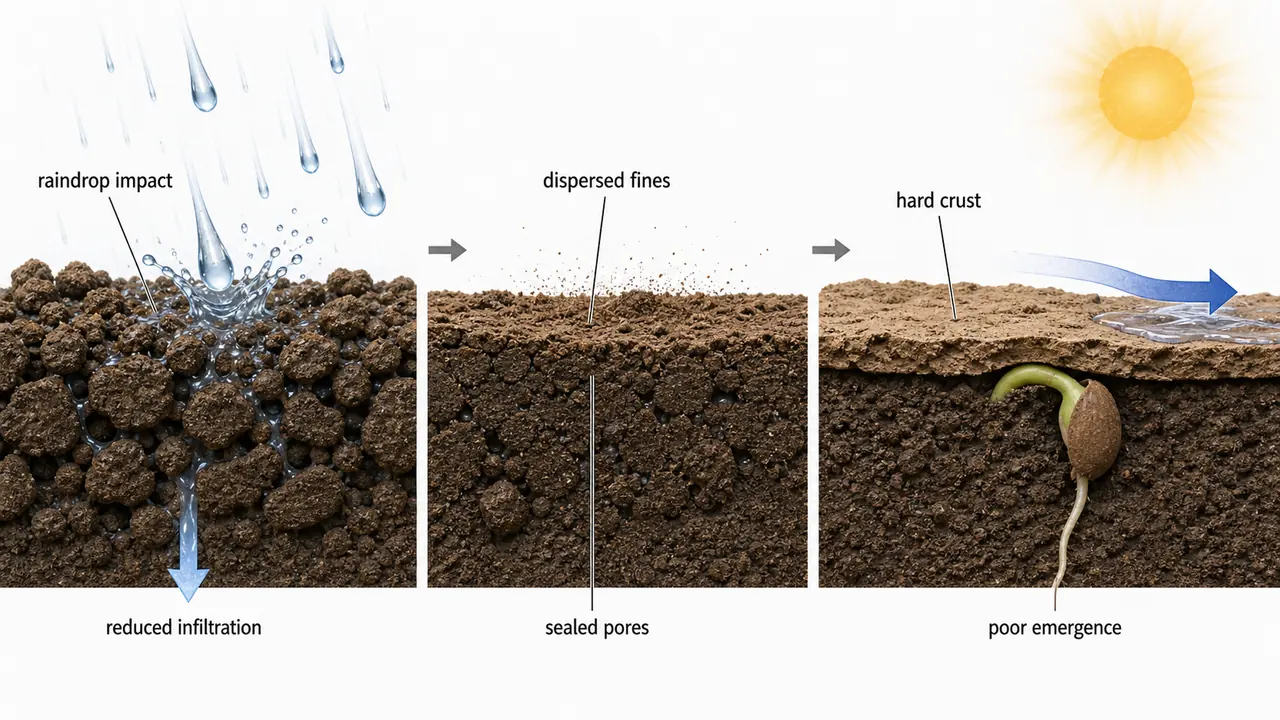 Soil crusting process showing raindrop impact, dispersed fine particles sealing pores, sun-dried hard crust, runoff, and poor seedling emergence