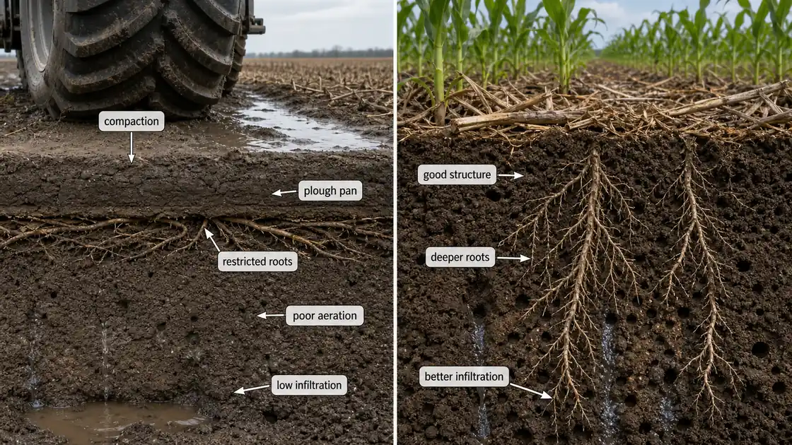 Soil compaction comparison showing tractor-induced plough pan, restricted roots, low infiltration, and a better-structured soil profile with deeper roots