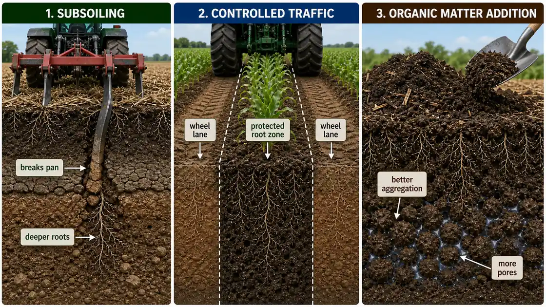 Compaction remediation practices showing subsoiling to break plough pan, controlled traffic farming with protected root zone, and organic matter addition improving aggregation and pore space