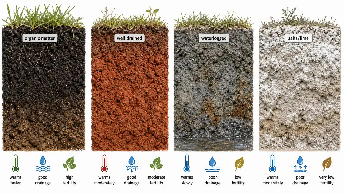 Soil colour comparison showing dark humus-rich soil, red well-drained soil, grey waterlogged soil, and pale salt-affected soil with their main field clues