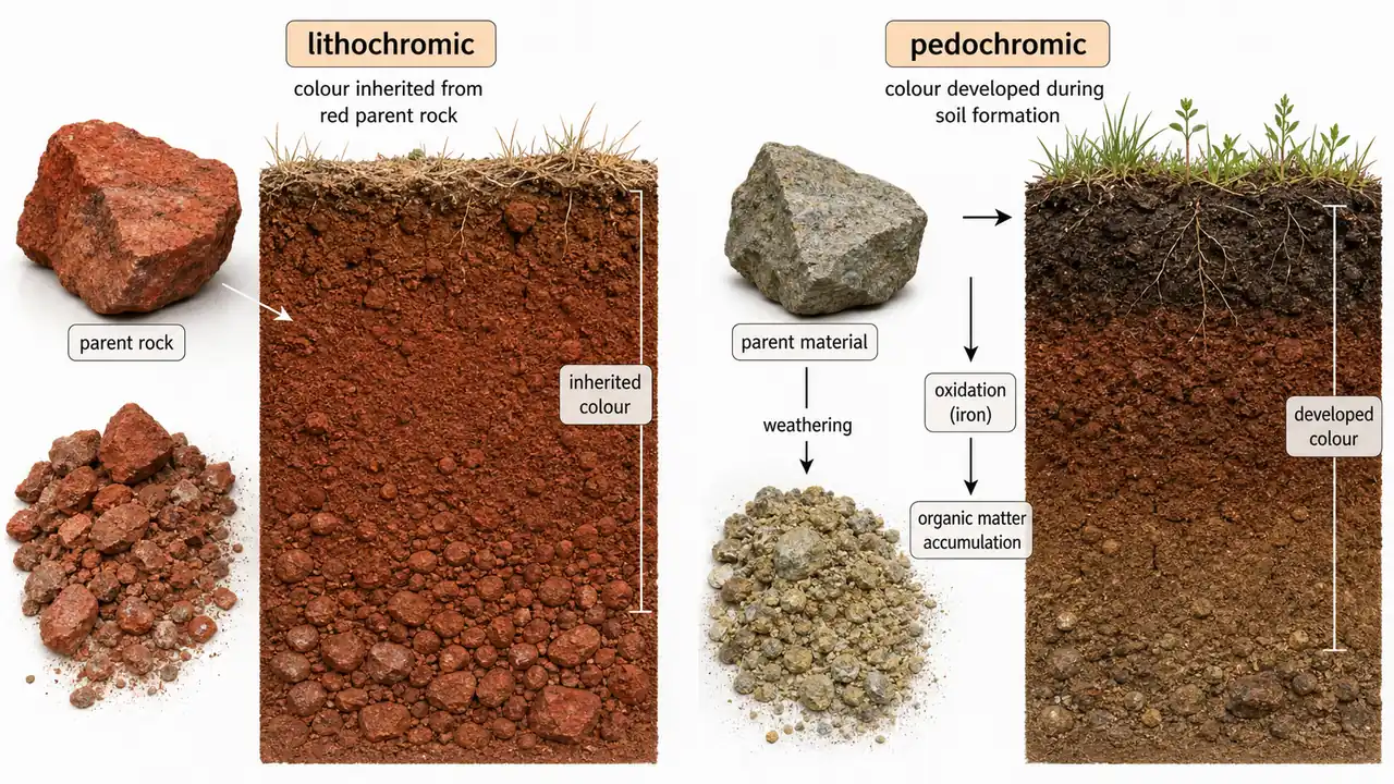 Lithochromic and pedochromic soil colour comparison showing inherited colour from parent rock versus colour developed during soil formation