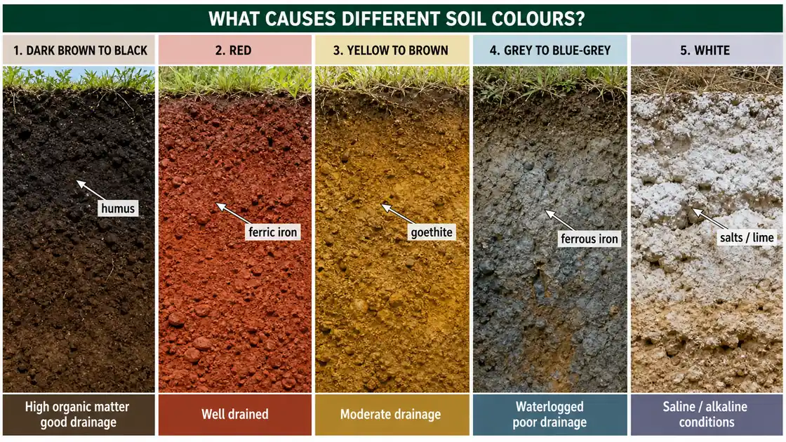Soil colour comparison showing humus-rich dark soil, red ferric soil, yellow goethite soil, grey waterlogged soil, and white salt or lime crust