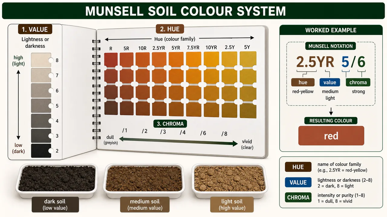 Munsell soil colour system board showing hue, value, chroma, and a worked example of 2.5YR 5/6