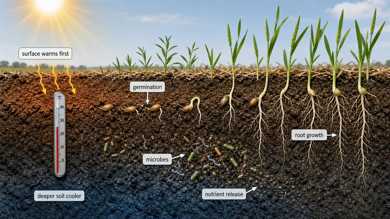 Soil temperature profile showing the surface warming first, cooler deeper layers, and effects on germination, root growth, microbes, and nutrient release