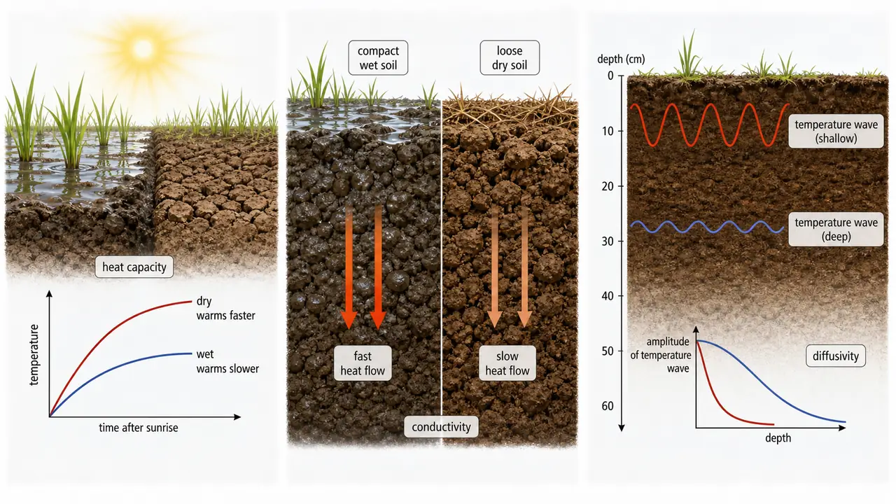 Thermal properties of soil showing heat capacity, conductivity, and diffusivity with wet versus dry and compact versus loose soil behavior