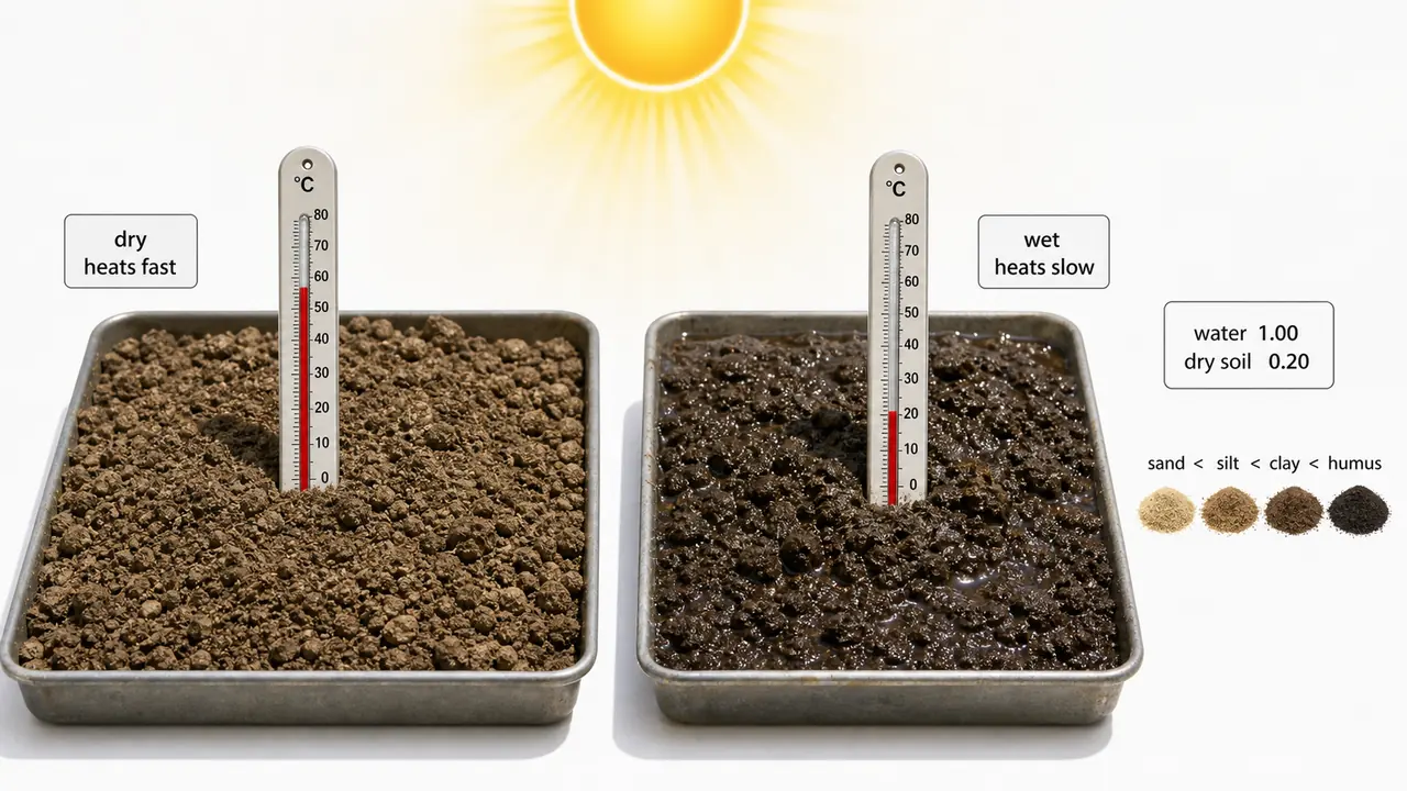 Specific heat comparison showing dry soil warming faster than wet soil, with water at 1.00 and dry soil at 0.20