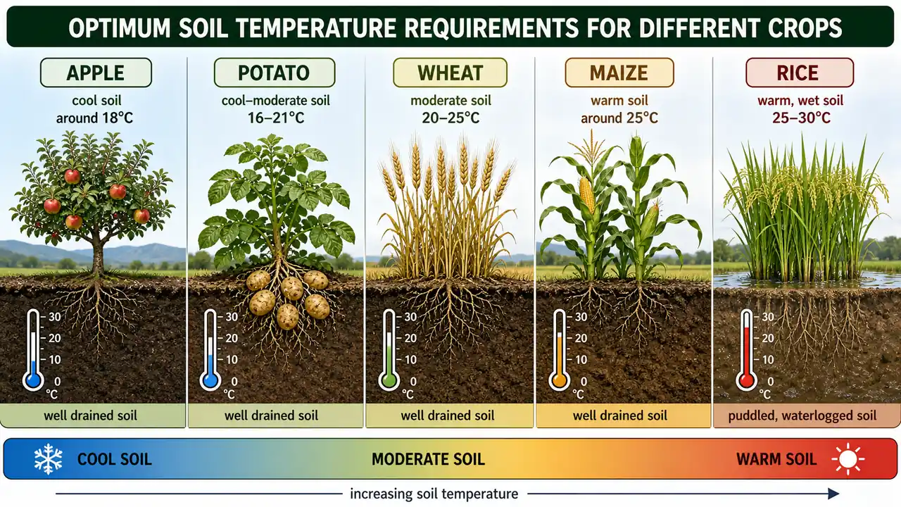 Crop-specific optimum soil temperature comparison showing apple, potato, wheat, maize, and rice from cool to warm soil conditions