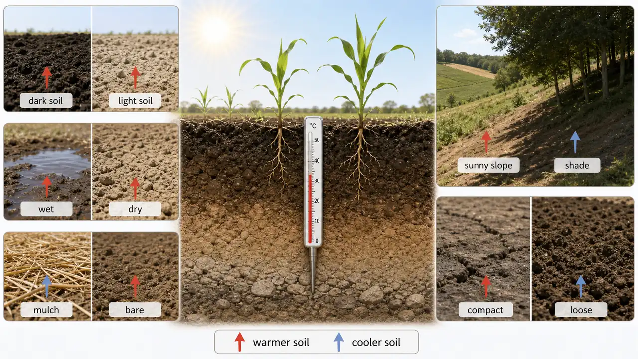 Factors affecting soil temperature showing dark and light soil, wet and dry conditions, mulch and bare surface, sunny and shaded slope, and compact versus loose soil