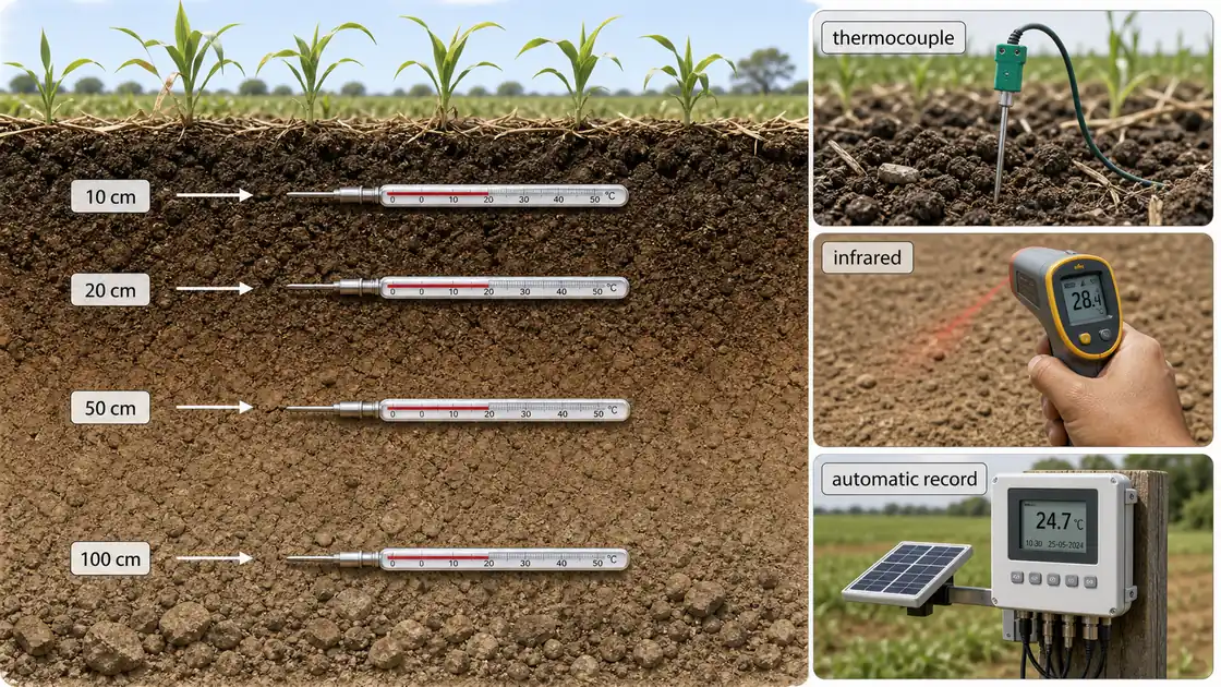Methods of measuring soil temperature showing thermometers at 10, 20, 50, and 100 centimetres plus thermocouple, infrared, and automatic recording instruments
