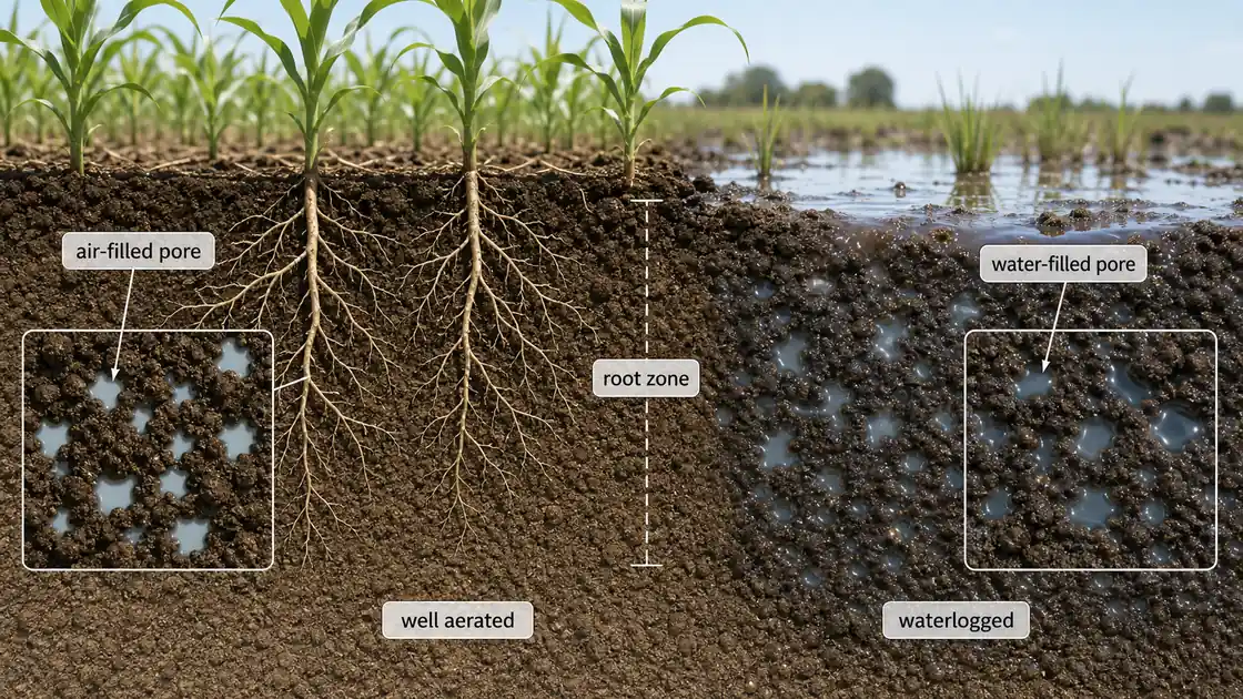 Soil air illustration showing air-filled pores, water-filled pores, the root zone, and the contrast between well-aerated and waterlogged soil