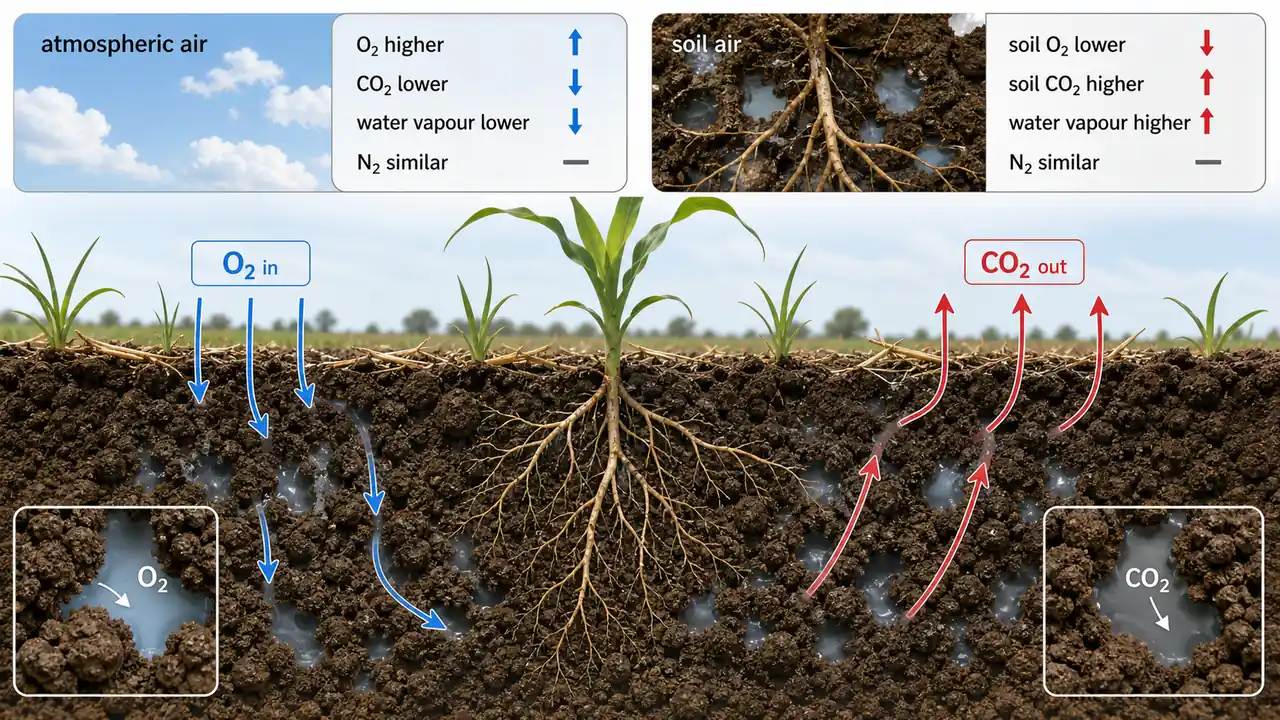 Atmospheric air versus soil air showing higher oxygen in the atmosphere, higher carbon dioxide and water vapour in soil air, and nitrogen staying nearly the same