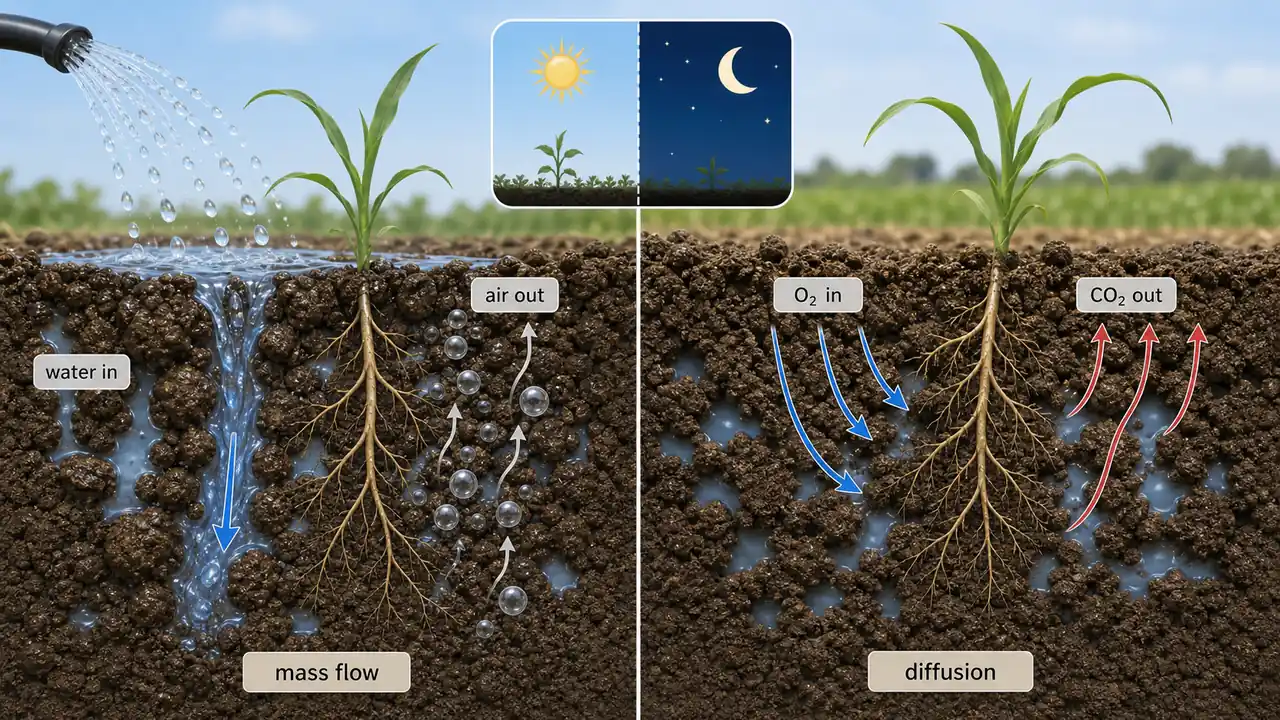Exchange of gases between soil and atmosphere showing mass flow during irrigation and diffusion with oxygen entering and carbon dioxide leaving the root zone