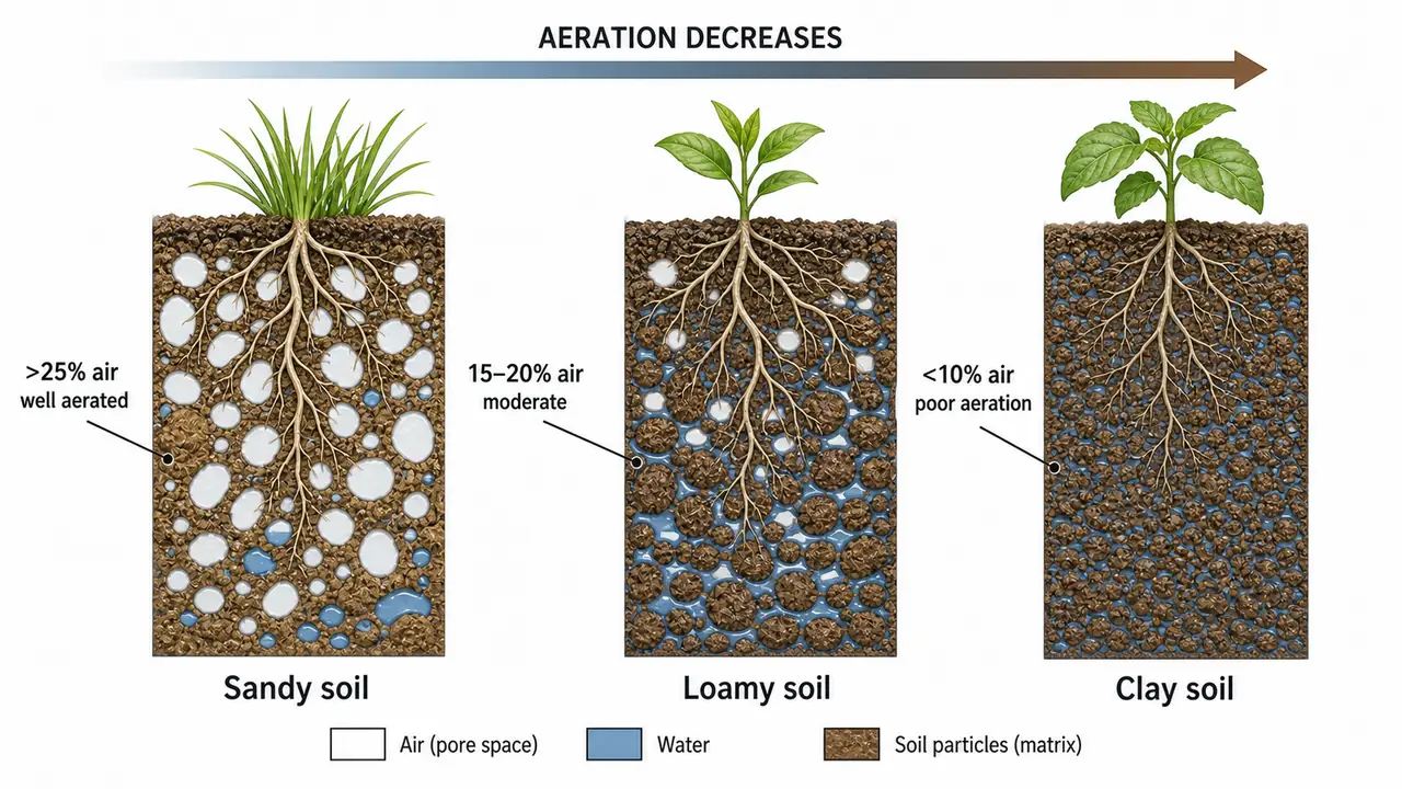 Field air capacity comparison showing sandy, loamy, and clay soil with decreasing air-filled pore space from sandy to clay