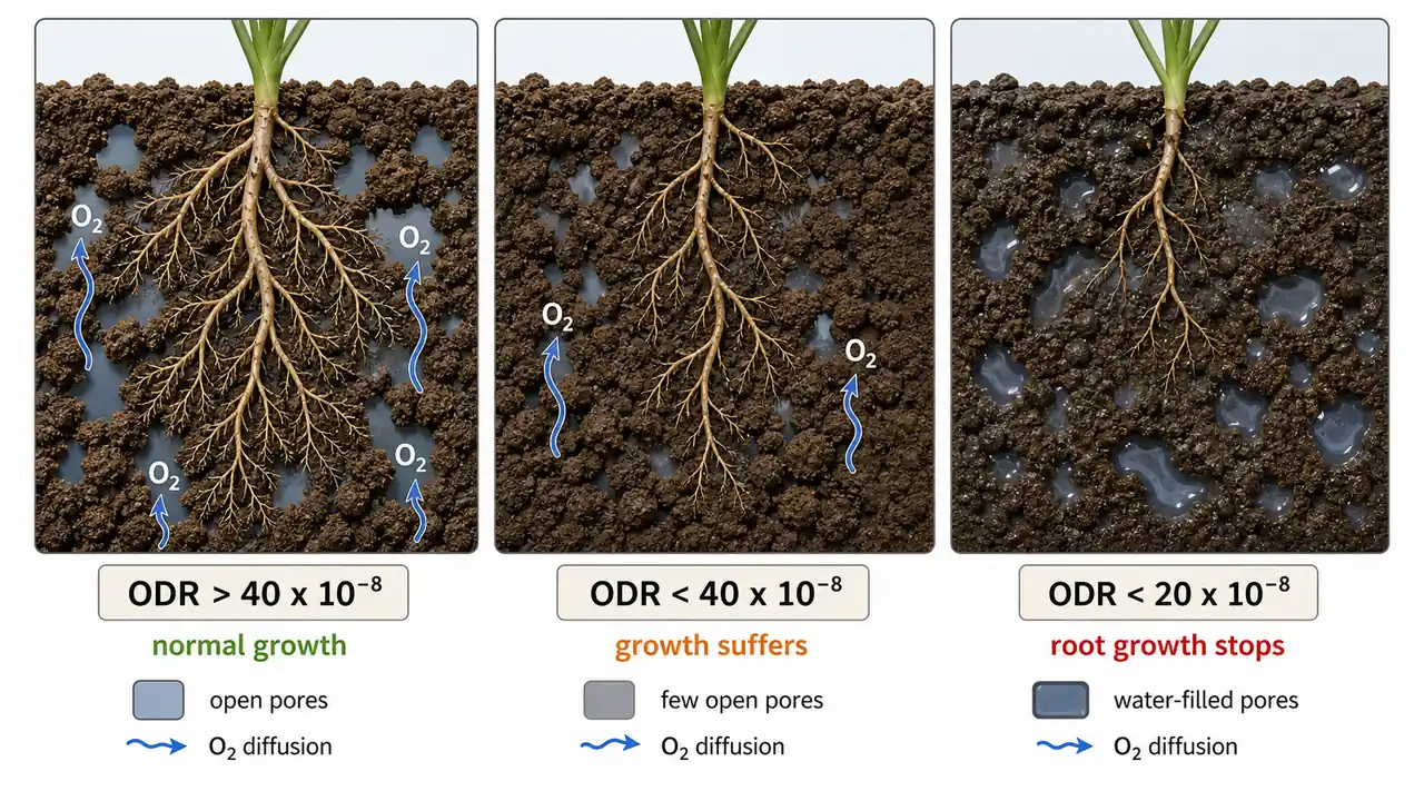 Oxygen diffusion rate comparison showing normal growth above 40 x 10^-8, stressed roots below 40 x 10^-8, and root growth stopping below 20 x 10^-8