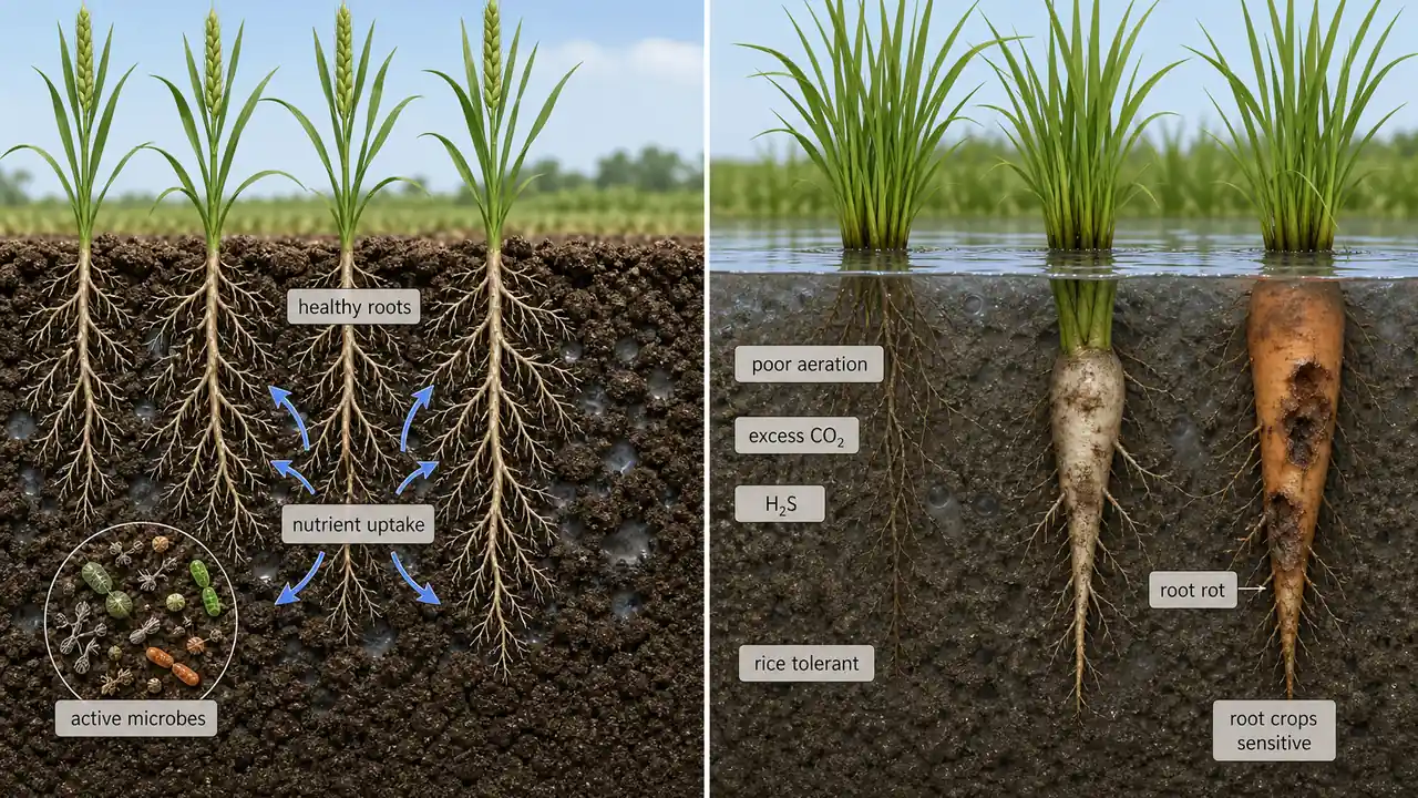 Importance of soil aeration showing healthy roots and active microbes in well-aerated soil versus poor aeration with root rot, toxic products, and sensitive root crops