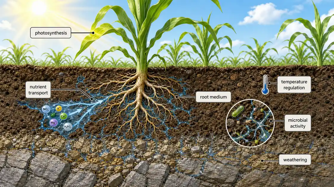 Soil water supporting nutrient transport, photosynthesis, root activity, microbial activity, temperature regulation, and weathering in a crop field