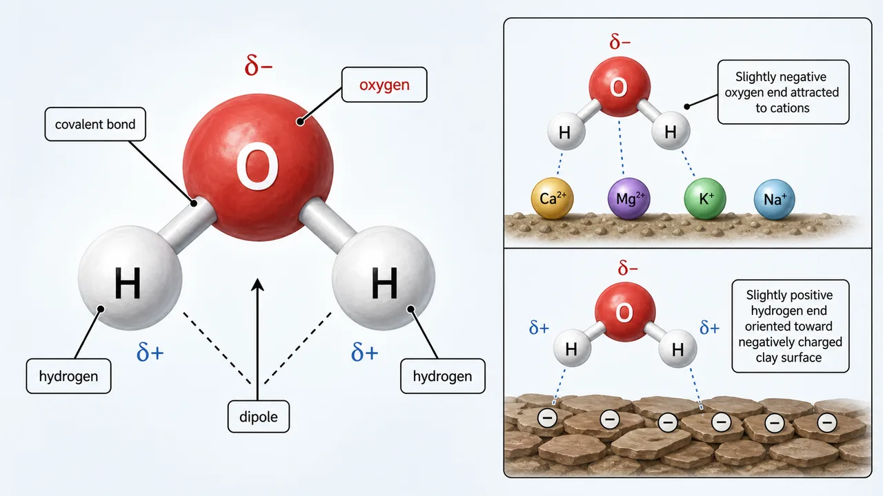 Water molecule showing V shape, covalent bonds, dipole nature, attraction to cations, and orientation toward negatively charged clay surfaces