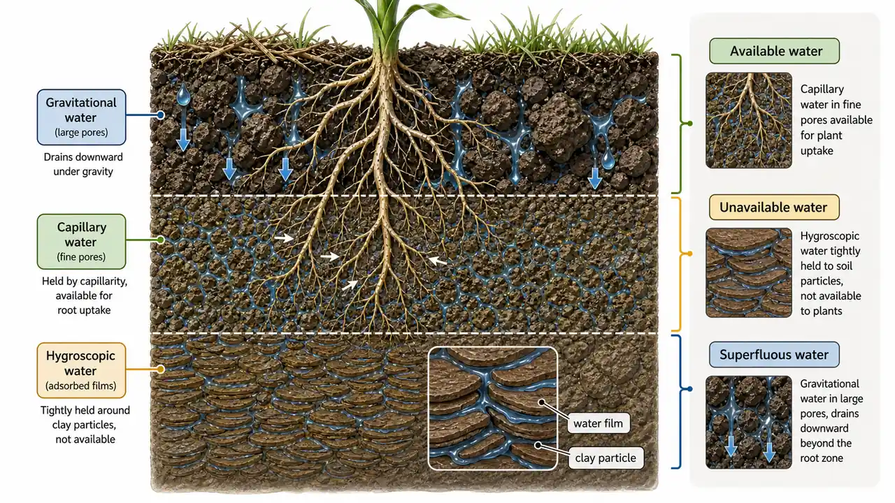 Classification of soil water showing gravitational water in large pores, capillary water in fine pores, hygroscopic water as thin films, and plant-available versus unavailable water