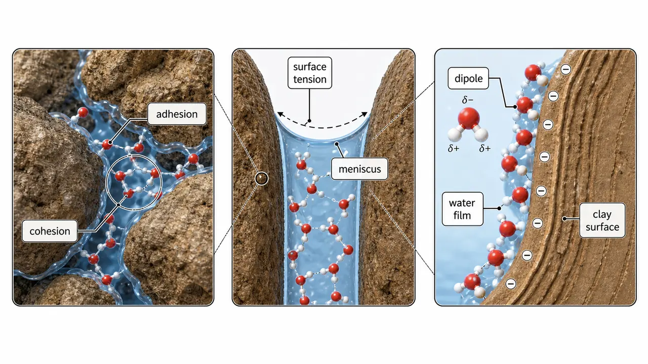 Soil water retention showing adhesion and cohesion around soil particles, surface tension creating a meniscus, and dipole water films oriented on a clay surface