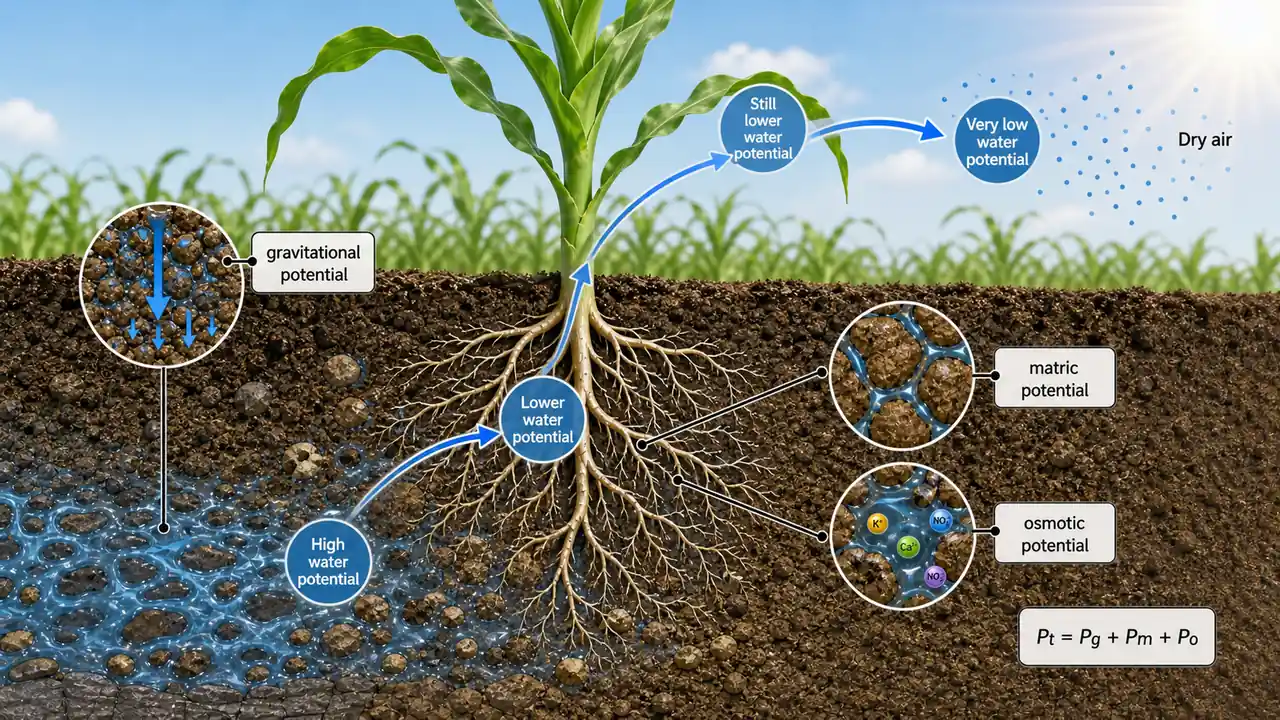 Soil water potential showing movement from wet soil to roots to dry air with gravitational, matric, and osmotic potential components