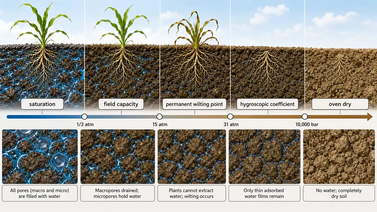 Soil moisture constants progression from saturation to field capacity, permanent wilting point, hygroscopic coefficient, and oven dry soil