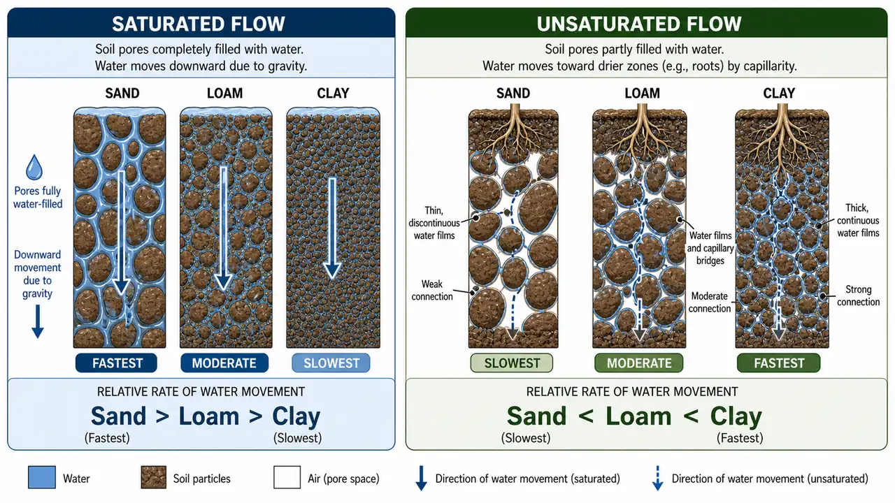 Saturated versus unsaturated soil water flow comparison showing sand, loam, and clay with opposite movement-rate orders under the two conditions