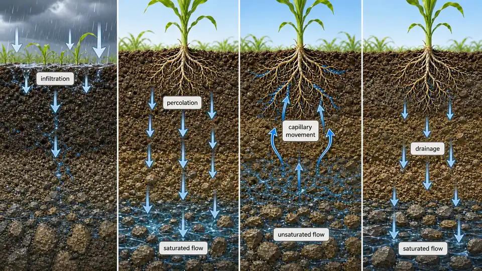 Soil water movement showing infiltration, percolation, capillary movement, drainage, saturated flow, and unsaturated flow in a soil profile