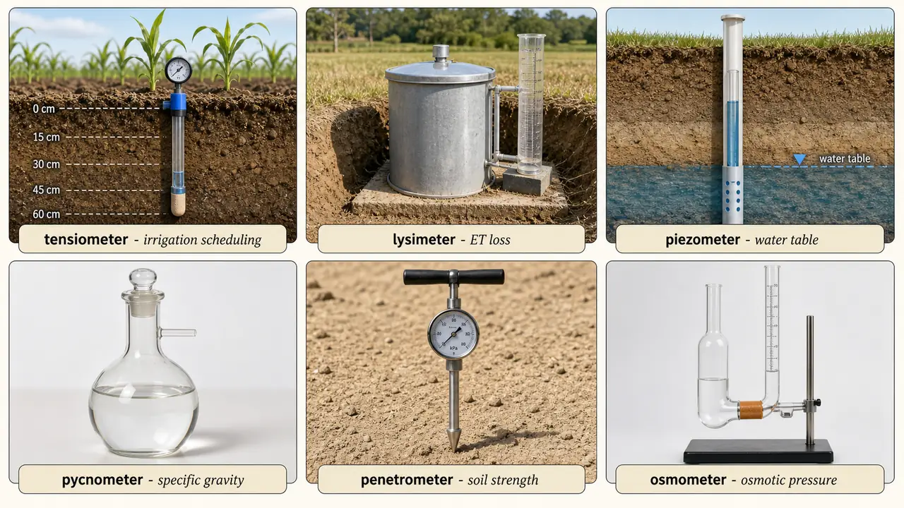 Common soil water measurement instruments including tensiometer, lysimeter, piezometer, pycnometer, penetrometer, and osmometer