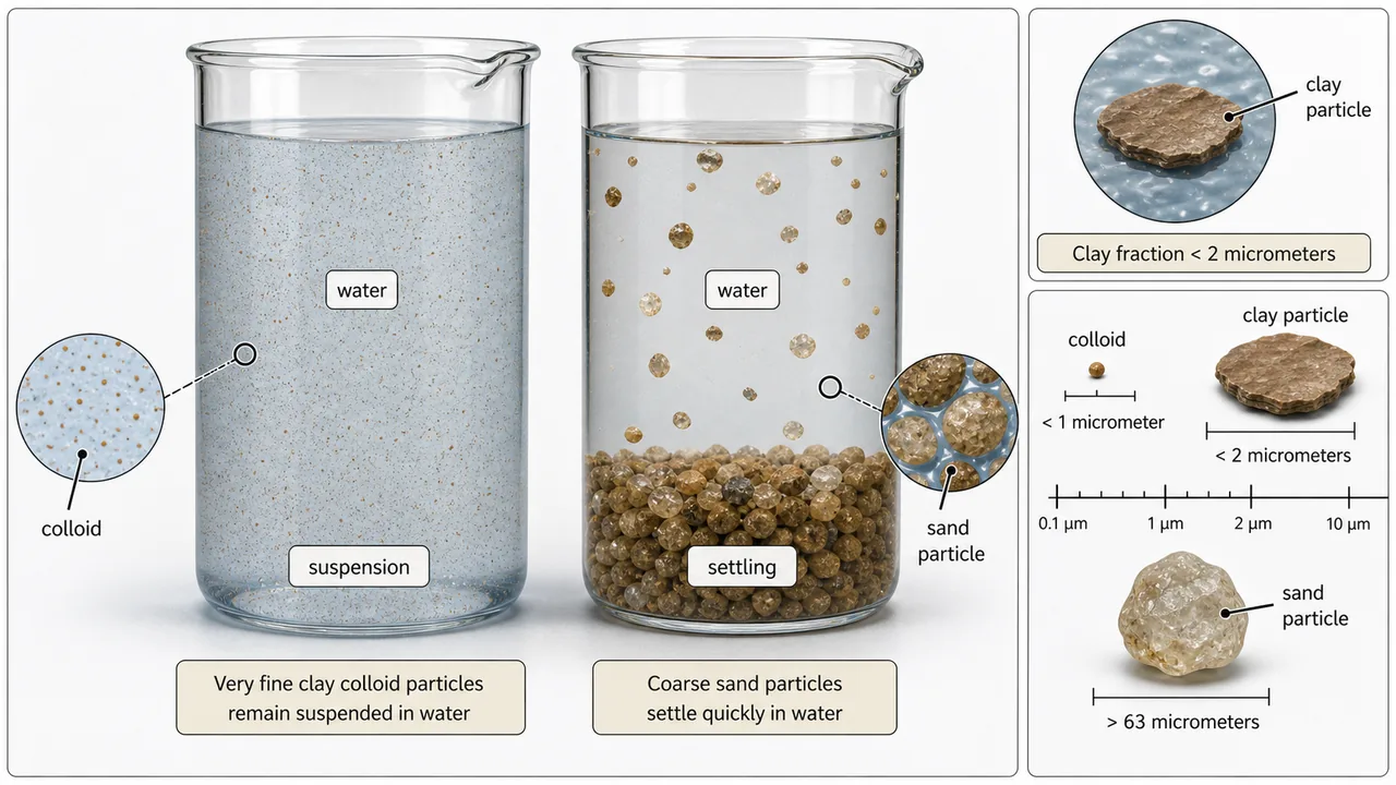Soil colloids compared with coarse sand in water, showing fine colloidal suspension, settling behavior, and particle size scale