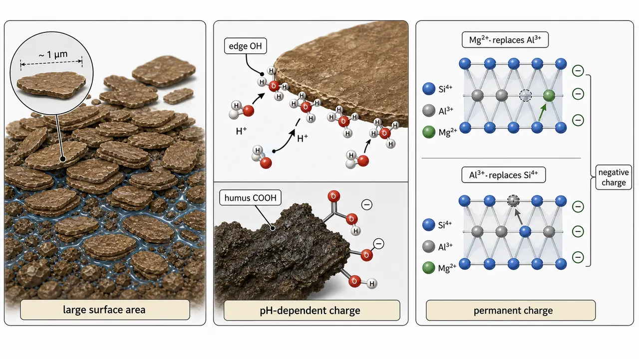 Soil colloids showing large surface area, pH-dependent edge and humus charges, and permanent negative charge from isomorphous substitution