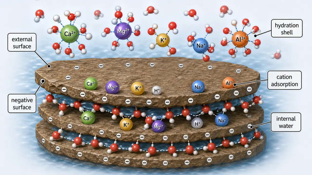 Negatively charged clay colloid adsorbing cations on external surfaces and holding hydrated water molecules on external and internal surfaces