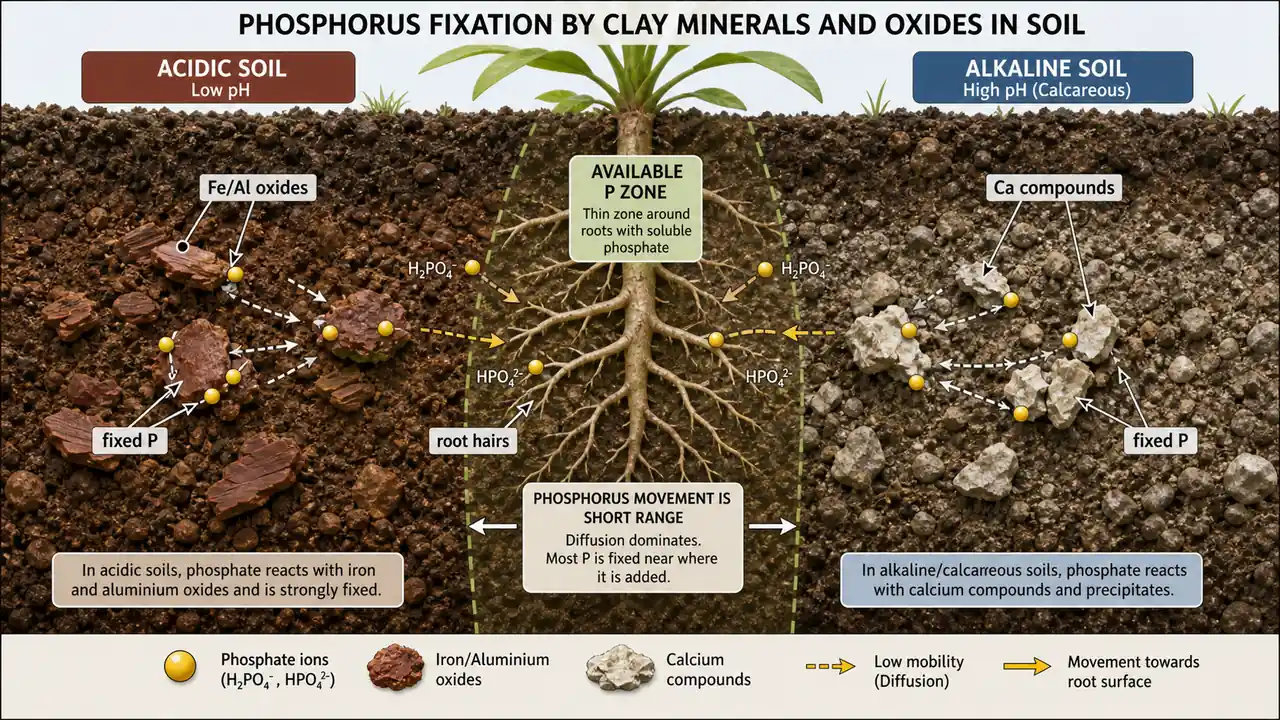 Phosphorus fixation in acidic and alkaline soils showing iron and aluminium oxides, calcium compounds, and a narrow available phosphorus zone near roots