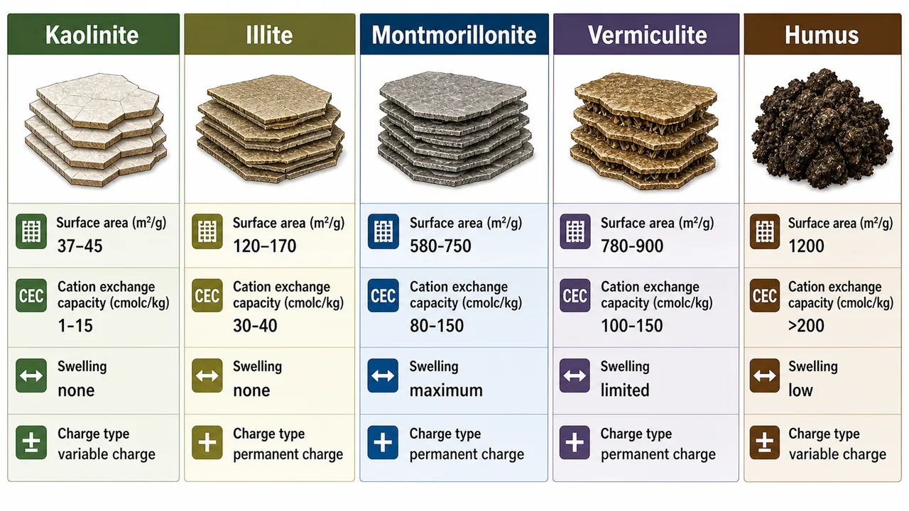 Major soil colloids comparison showing kaolinite, illite, montmorillonite, vermiculite, and humus by surface area, cation exchange capacity, swelling, and charge type