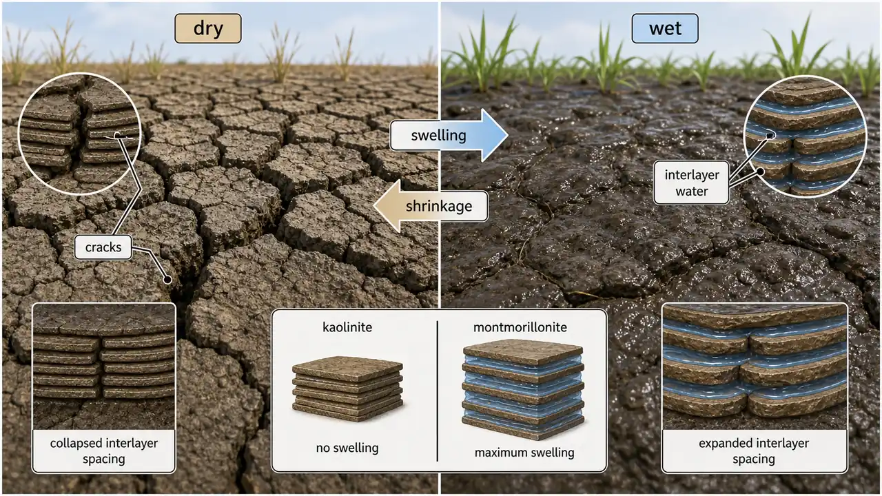 Dry and wet montmorillonite-rich soil showing shrinkage cracks, interlayer water entry, and comparison with non-swelling kaolinite