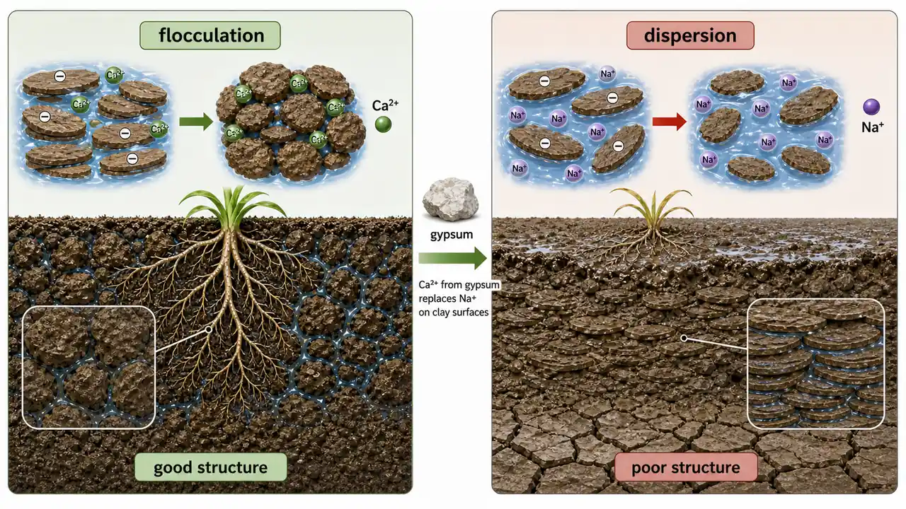 Soil colloids under calcium flocculation versus sodium dispersion, with gypsum supplying calcium to improve structure