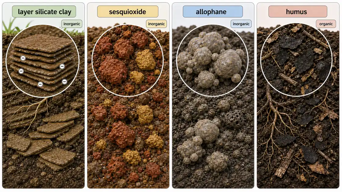 Four major types of soil colloids showing layer silicate clay, sesquioxide particles, allophane clusters, and dark humus organic colloid