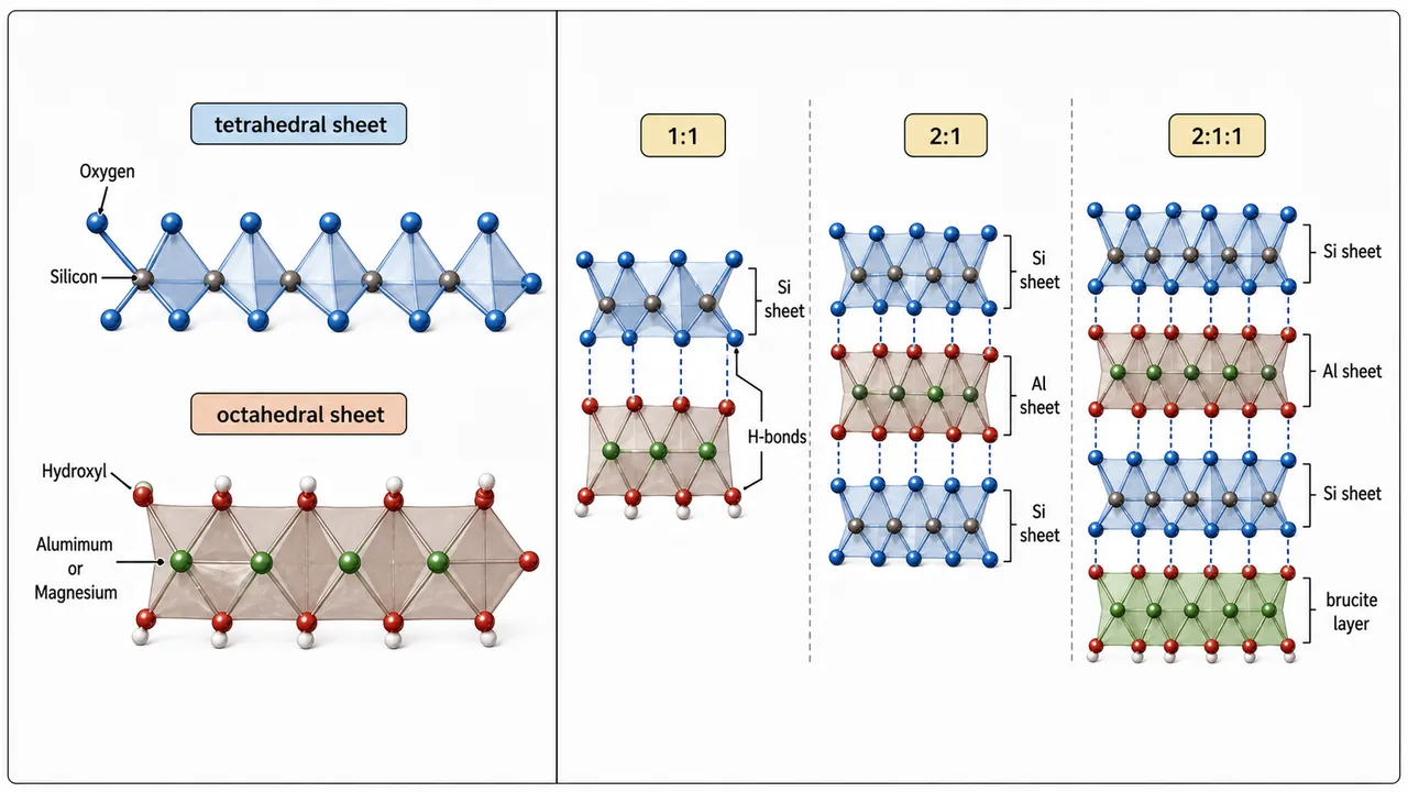 Layer silicate clay building blocks showing tetrahedral and octahedral sheets and how they combine into 1:1, 2:1, and 2:1:1 clay arrangements