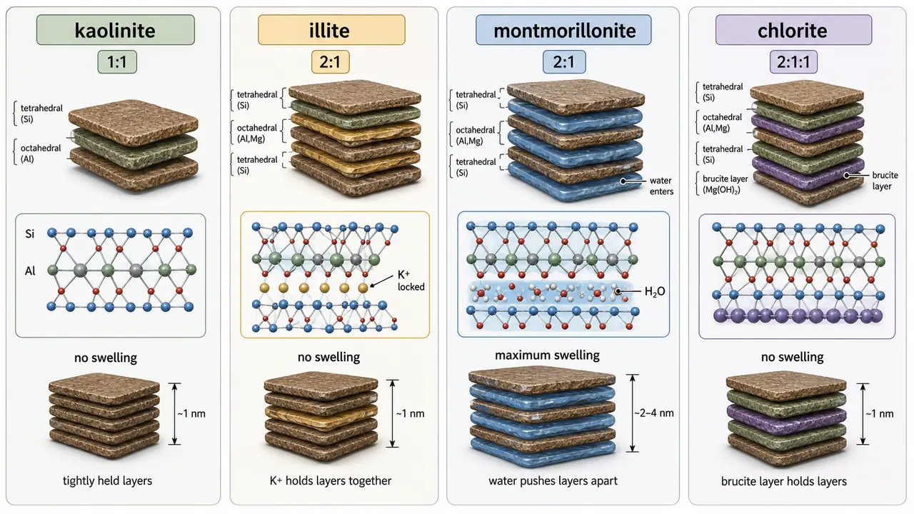 Comparison of kaolinite, illite, montmorillonite, and chlorite showing 1:1, 2:1, and 2:1:1 layer arrangements and swelling behavior