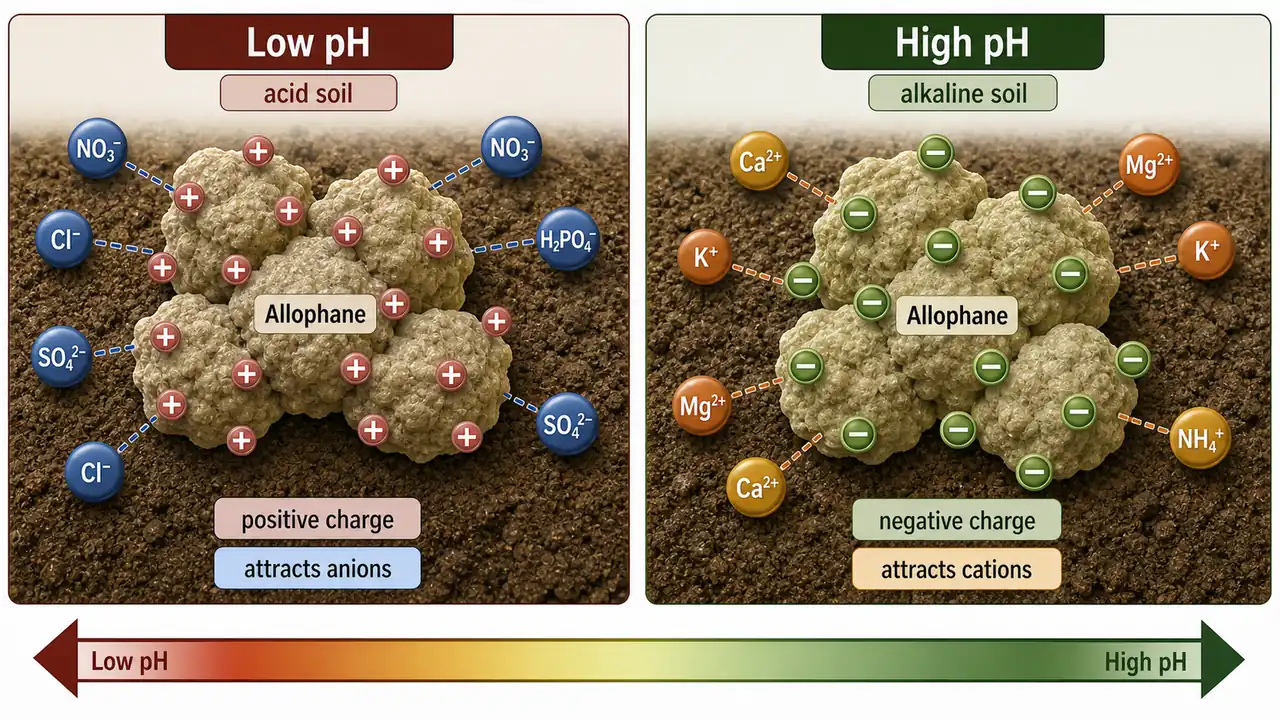 Allophane amphoteric charge behavior showing positive charge and anion attraction at low pH versus negative charge and cation attraction at high pH