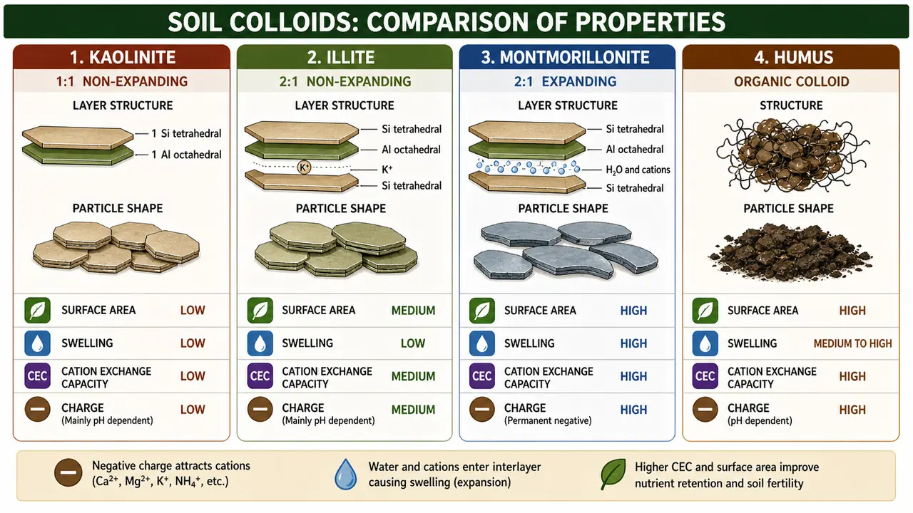 Comparison of kaolinite, illite, montmorillonite, and humus showing layer type, surface area, swelling, cation exchange capacity, and charge