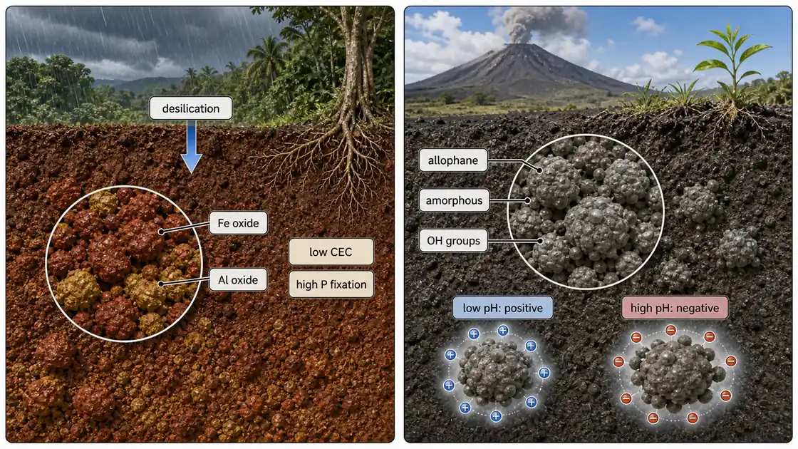 Comparison of sesquioxide clays in lateritic soils and allophane in volcanic ash soils, showing desilication, oxide particles, amorphous structure, and pH-dependent charge
